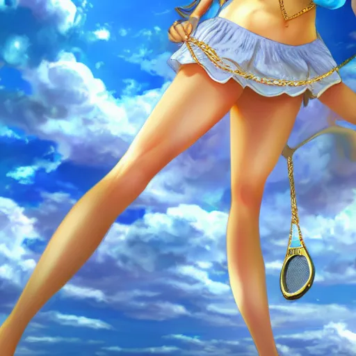 Image similar to full body shot : a very beautiful young blond tennis anime girl in golden chains, sky blue eyes,, tattoo, bikini, miniskirt, highly detailed, cinematic wallpaper by stanley artgerm lau