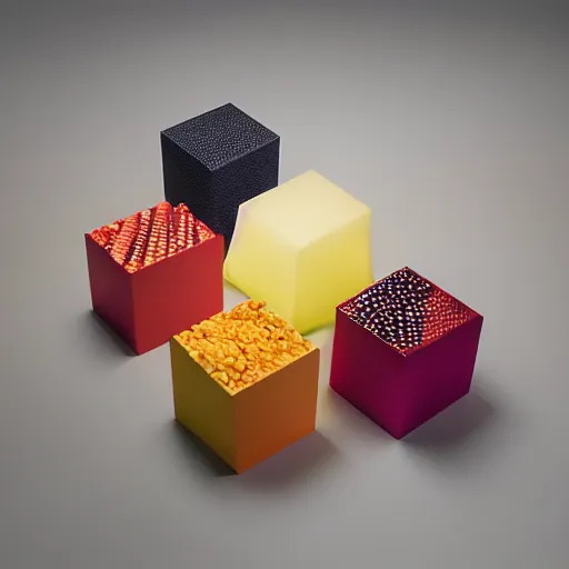 Prompt: cubes of different fruits arranged in a larger three by three cube studio lighting