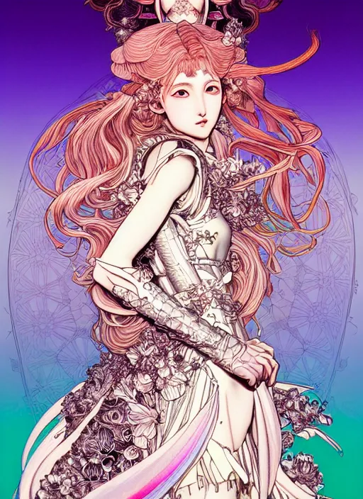 Image similar to highly detailed ayami kojima artgerm terada katsuya artstation manga poster of princess mechine, rainbow gradient reflection, long hair, armor, dress, laces, ruffles, 8 k, maximalist,, jump comics, tomer hanuka, alphonse mucha