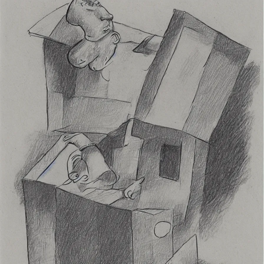 Image similar to a sketch of a long - nosed man in a box poking his head through the top, as by william rotsler