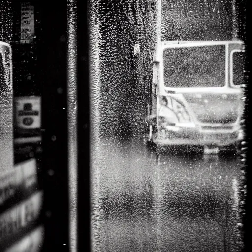 Prompt: Cinematic portrait photo of a woman looking through the window of a bus on a rainy day, long exposure