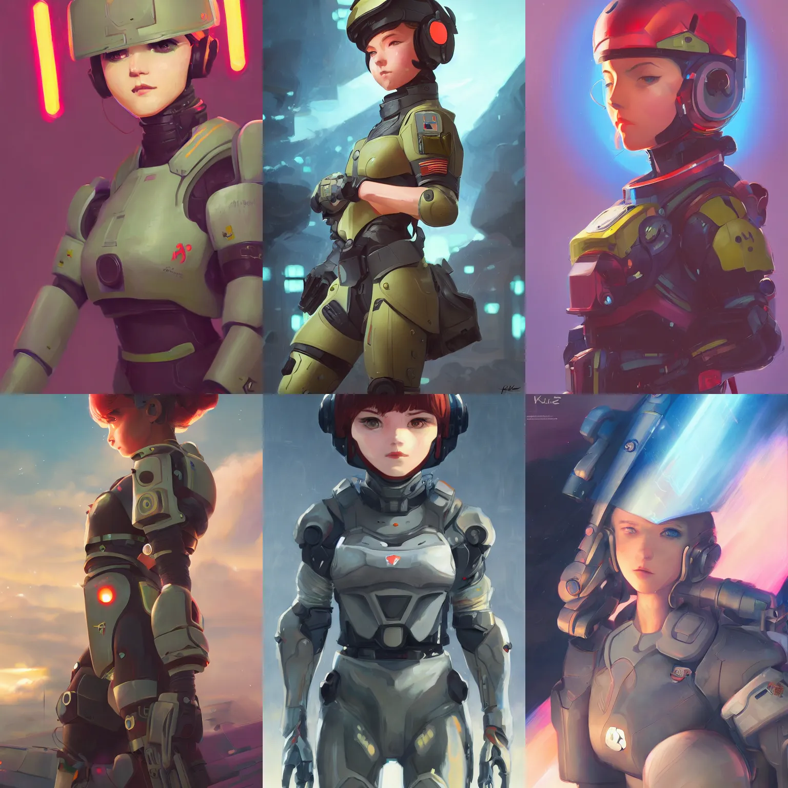 Prompt: a portrait of a cute female futuristic soldier wearing power armor, combat setting, vivid colors, soft lighting, atmospheric, cinematic, moody, in the style of ilya kuvshinov and range murata, krenz cushart, rule of thirds, oil on canvas, 8 k