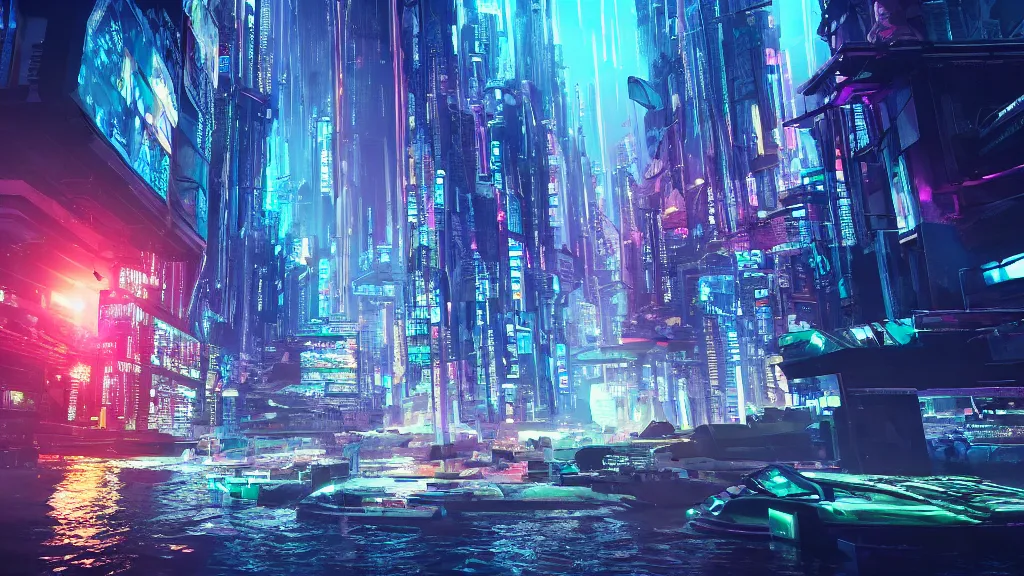 Prompt: immersed in cyberpunk city built underwater, submerged, nighttime, fluorescent led, concept art, cinematic, volumetric lighting, futuristic,, hyperrealistic, highly detailed, colourful 4 k hd