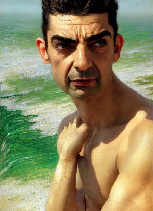 Prompt: detailed cinematic wide shot of muscular attractive young portuguese man ( ( mr. bean ) ) beard slim face symmetrical face tanskin green eyes white hair wearing sea clothes, ultra realistic, spring light, painting by gaston bussiere, craig mullins, j. c. leyendecker