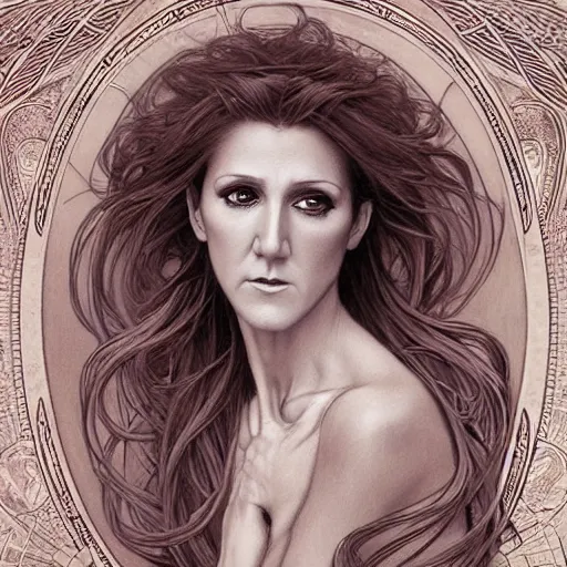 Image similar to amazing lifelike award winning pencil illustration of Celine Dion with gorgon hair trending on art station artgerm Greg rutkowski alphonse mucha cinematic