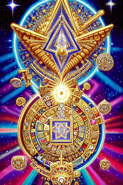 Prompt: a photorealistic detailed image of an ornate embellished geometric adorned in jewels and diamonds, isometric sacred magic key, spiritual evolution, science, divinity, utopian, triumphant, cinematic, mathematics, futuristic, by jason felix, david a. hardy, kinkade, lisa frank, wpa, public works mural, socialist