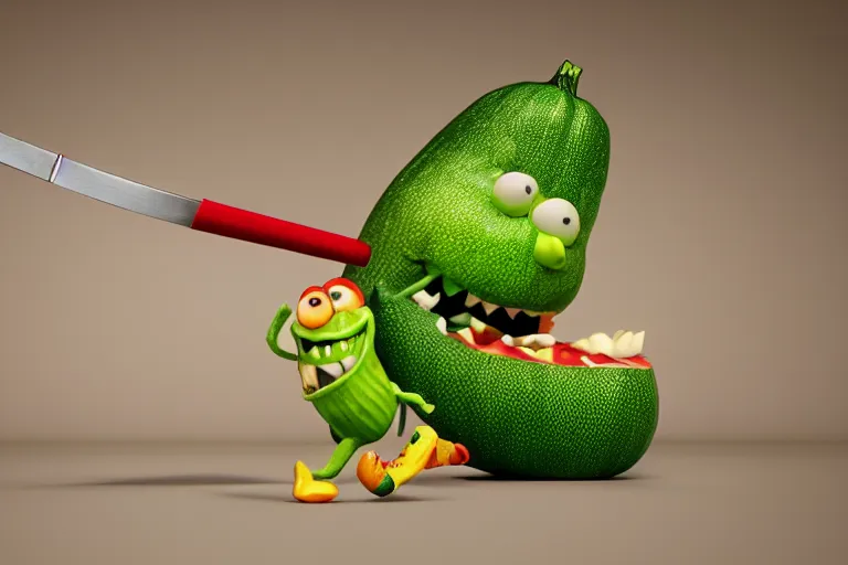 Prompt: detailed 3 d render of a mad zucchini with a long sword chasing after a panicking tomato, hyper realistic octane render, dramatic lighting, high speed chase, wide angle, nightmare, adult pixar surrealism