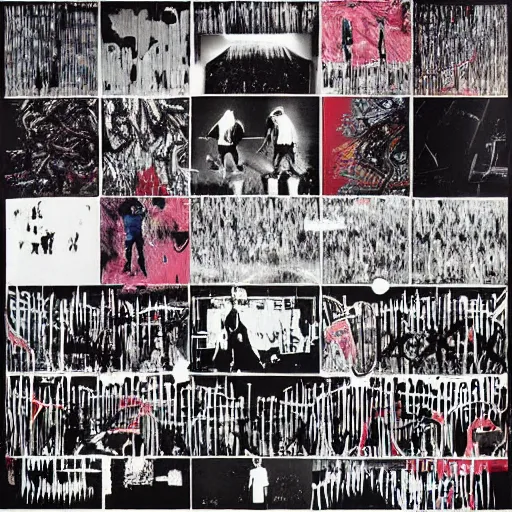 Prompt: Collage, color sound by Radiohead, guitar, lead guitar, bass, guitar, drums, ultra detailed, by Stanley Donwood