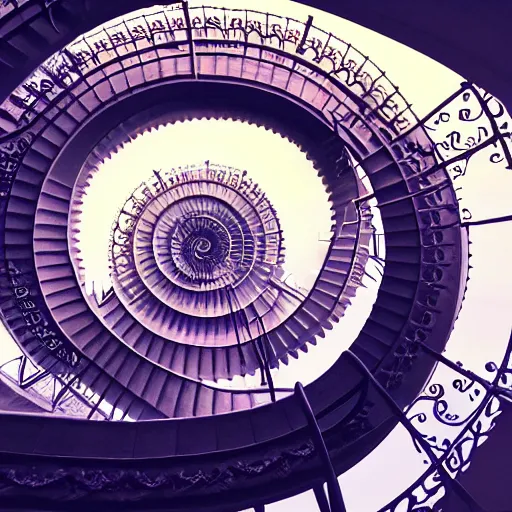 Image similar to big spiral stairways to heaven, inhabited on many levels, flying birds, shining light, strong perspective, clear geometry, architecture, glowing halo, fantasy, intricate, elegant, highly detailed, digital painting, artstation, concept art, smooth, sharp focus, art by anthony macbain + greg rutkowski + alphonse mucha, concept art, 4k, sharp focus, cinematic unreal engine