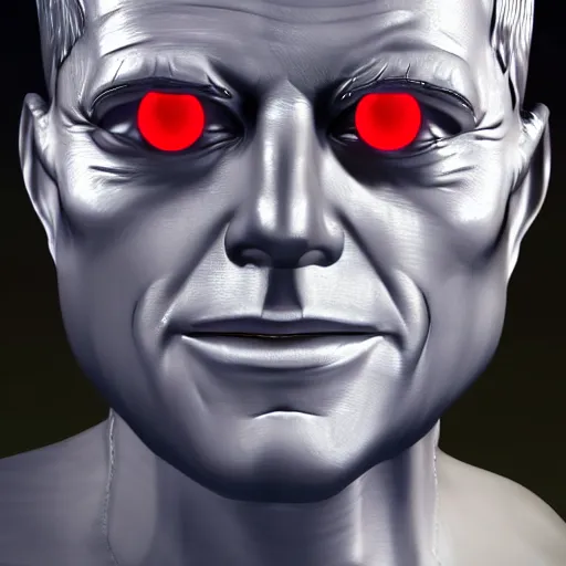 Image similar to jfk with robotic metallic skin and glowing red eyes, realistic photography high detail