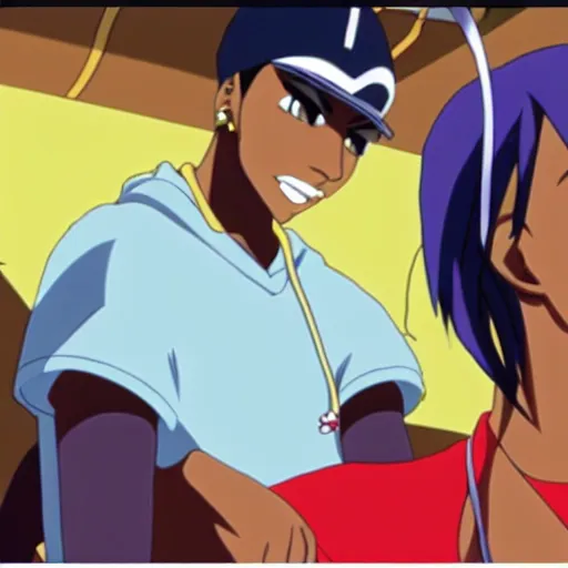 Image similar to Tupac Shakur, screenshot from a 2012s anime