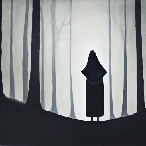 Image similar to dark eerie painting of a cloaked figure holding a lantern in the forest