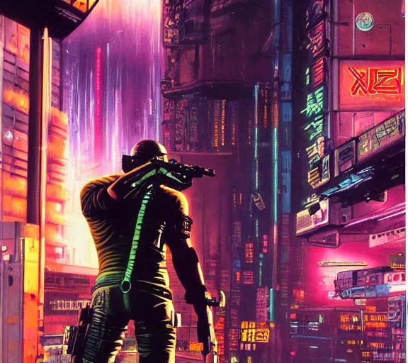 Image similar to a portrait of a cyberpunk epic Friday night firefight, Night City, cyberpunk 2077, very very coherent painting, 1979 OMNI Magazine Cover, street level neo-Tokyo in Cyberpunk 2045 style by Vincent Di Fate by mark arian by artgerm in the style of Gustavo Dore, 4k, 8k, HD, trending on artstation