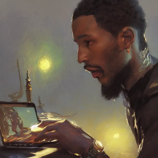 Prompt: a lightskinned black man with short hair, fantasy, using a macbook, elegant, intricate, digital painting, artstation, concept art, smooth, sharp focus, illustration, art by konstantin korovin and daniel f. gerhartz and john howe