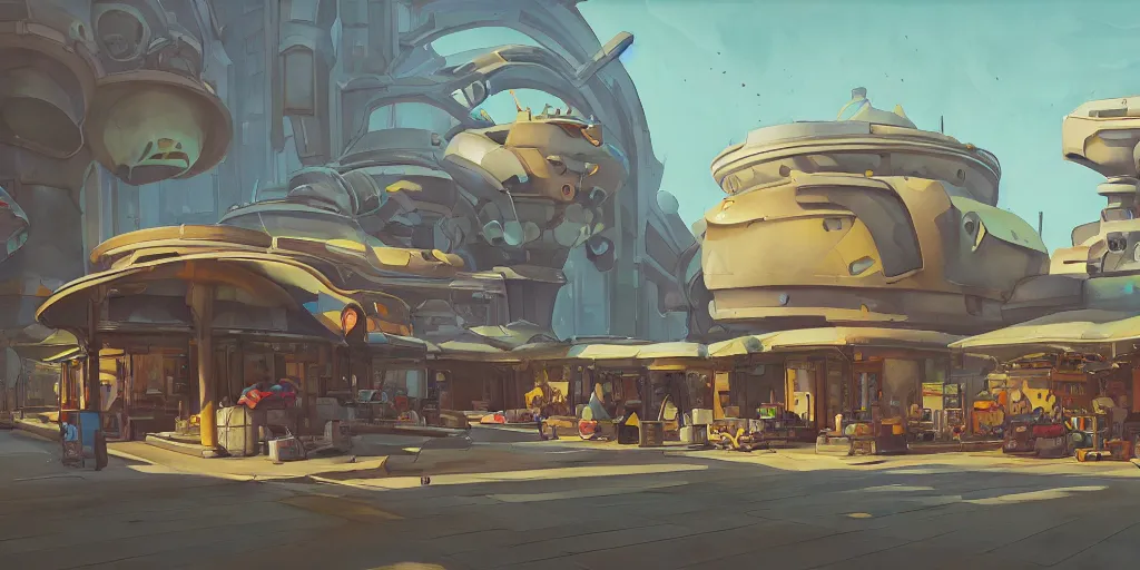 Image similar to overwatch building, stylized, exterior, architecture, in watercolor gouache detailed paintings, insanely detail, artstation, 8 k, futuristic, big medium small, arcane, simon stalenhag, food stall, interesting shapes & form, golden ratio, megastructures, vitaly bulgarov, mall, junkyard