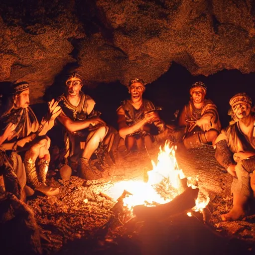 Prompt: a group of ancient roman soldiers sitting around a campfire in the desert at night, 8k, cinematic, dslr,