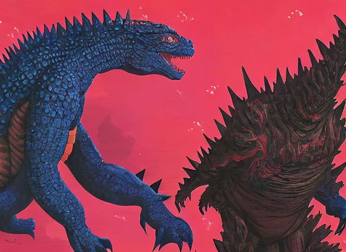 Image similar to godzilla posing for a school picture, religious painting, tristan eaton, victo ngai, artgerm, rhads, ross draws