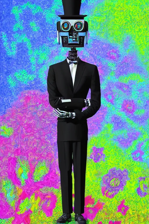 Prompt: a digital painting of a robot in a suit and tie, 1965 character portrait by Vladimir Tretchikoff, cgsociety, panfuturism, made of flowers, neo-figurative, vaporwave