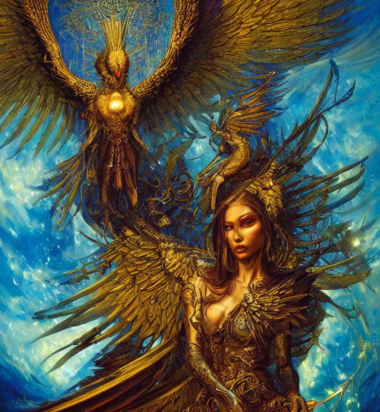 Image similar to a beautiful tarot card artwork of a cyberpunk seraphim in nature, backlit, highly detailed, golden hour, digital painting, by karol bak and justin gerard and dan mumford and artgerm, vivid colors, masterpiece, detailed shading, 8 k resolution, intricate, smooth