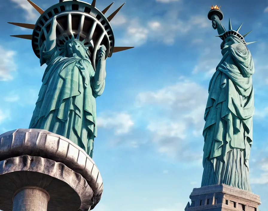 Image similar to giant metal mushroom instead statue of liberty, beautiful graphics, fantasy artwork, very beautiful scenery, hd, hdr, ue 5, ue 6, unreal engine 5, cinematic 4 k wallpaper, 8 k, ultra detailed