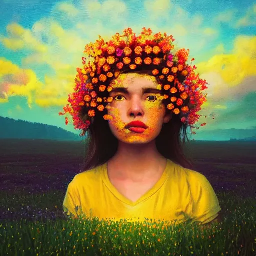 Image similar to girl with a huge flower as a face, surreal photography, dream, standing in flower field, hills, big trees, sunrise dramatic light, impressionist painting, colorful clouds, digital painting, pointillism, artstation, simon stalenhag, flower face