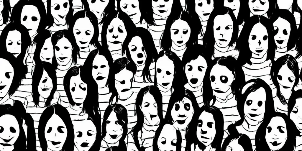 Image similar to the ghost world is full of faceless people in a faceless crowd, with black “emotion” lines on their featureless heads allowing you to appreciate their moods