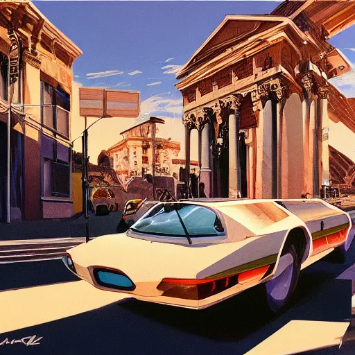 Prompt: detailed painting of a alien street with roman architecture and flying cars, artstation, syd mead, cinematic