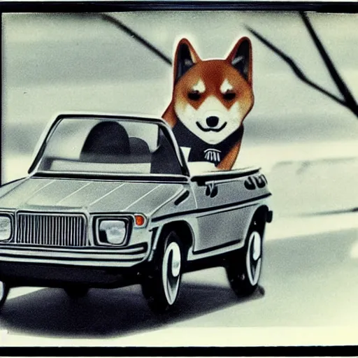 Image similar to cartoon of a shiba inu driving a car, 1977 picture, polaroid, nostalgic feeling