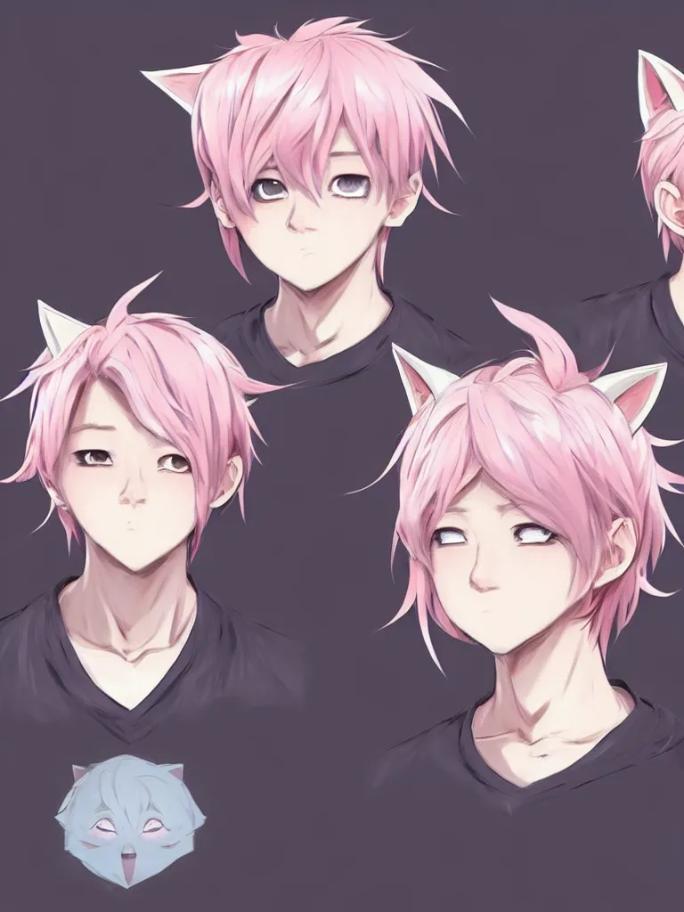 Prompt: character concept art of an cute anime boy with pink hair and pink wolf ears | | cute - fine - face, pretty face, key visual, realistic shaded perfect face, fine details by stanley artgerm lau, wlop, rossdraws, james jean, andrei riabovitchev, marc simonetti, and sakimichan, tranding on artstation