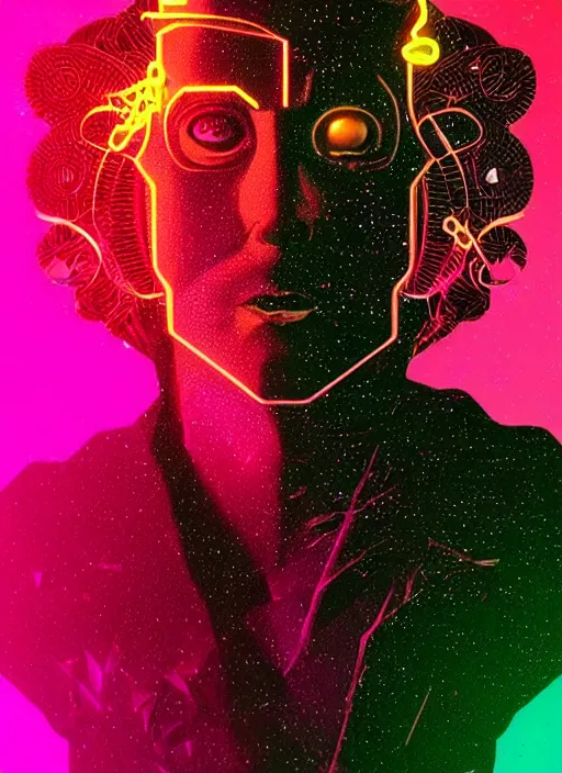 Prompt: portrait of dionysus, beeple, vaporwave, retrowave, black background, neon wiring, black, glitch, strong contrast, cuts, pinterest, trending on artstation