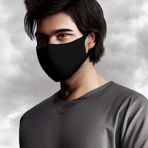 Prompt: professional digital art of a young adult man with slightly long hair wearing a black face mask and a form-fitting dark sweatshirt with dark sweatpants, high quality, HD, 8K, highly detailed, award-winning, fantasy, quiet