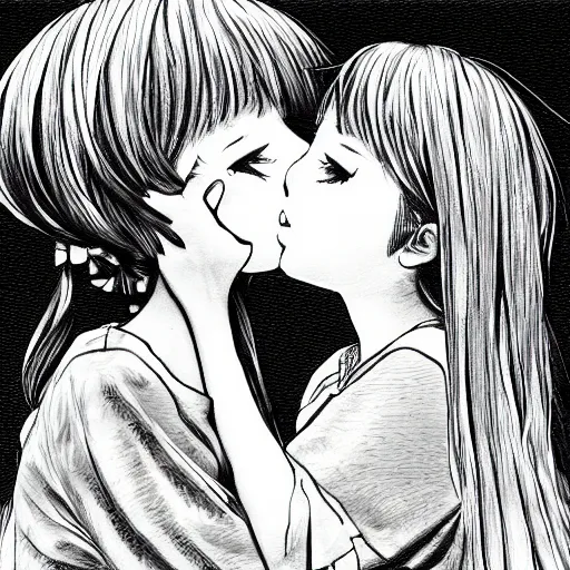 Image similar to portrait of two girls kissing, detailed manga art