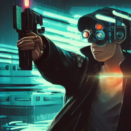 Image similar to close up illustration of a cyberpunk gunslinger pointing his pistol shooting bullets, gungrave, anime, tri - gun, movie poster, very detailed, 8 k, by greg rutkowski,