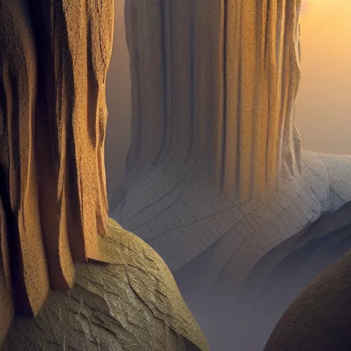 Image similar to cathedrals of carved stone in a canyon grotto, shiny layered geological strata,ground mist swirling vortexes,granular detail, by Sparth and Greg Rutkowski, hypermaximalist,micro details, 3d sculpture,f32,deep depth of field,cinematic lighting,digital rendering,photographic, wide angle,octane render , 4k, artstation, concept art, 35mm, graflex, color film photography,