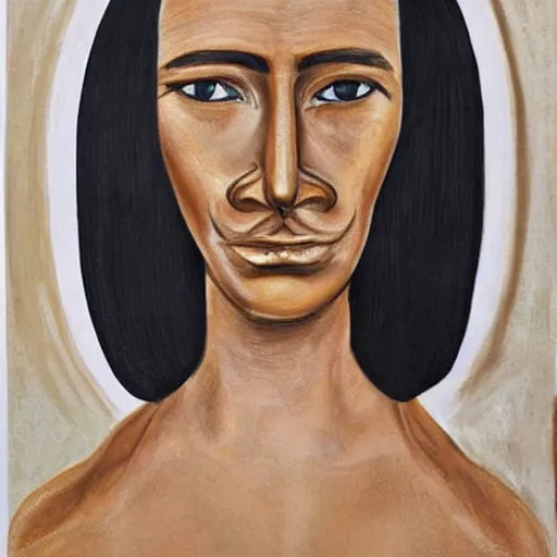 Prompt: portrait art, Tall and statuesque, this bronze skinned woman has a very aggressive feel about her, and she has a noticeable scar on her face which she got during a terrible accident many years ago. Her fine, black hair is closely shaved and currently bleached blonde. She has an impressive moustache. She has large, black eyes, neat eyebrows and thin lips. She wears lavender eyeshadow, natural-coloured lipstick, thick eyeliner, light blush and a natural-looking foundation. She has large hands, toned arms, narrow shoulders, wide feet, and long legs. She has pierced her navel