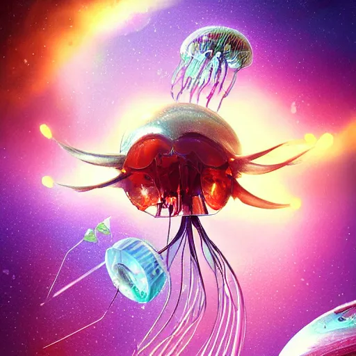Image similar to Amin Faramarzian Artstation design of a cute damaged mechanical jelly fish spaceship flying in hyperspace, beautiful clear detailed 8k digital art