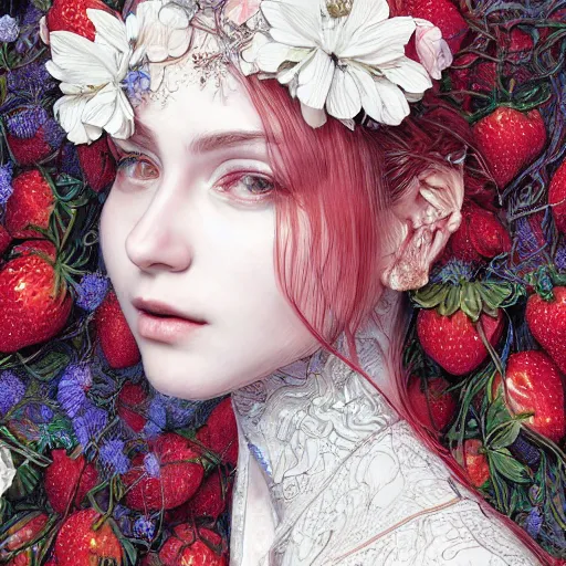 Image similar to the portrait of an absurdly beautiful, graceful, elegant, sophisticated, fashionable young woman made of strawberries and white petals with tears, an ultrafine hyperdetailed illustration by kim jung gi, irakli nadar, intricate linework, bright colors, octopath traveler, final fantasy, unreal engine 5 highly rendered, global illumination, radiant light, detailed and intricate environment