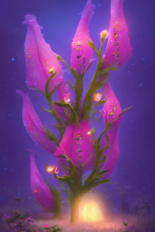 Prompt: a surreal Bioluminescent, very very very cute Foxglove in a happy world by Daniel Merriam, Trending on Artstation, oil on Canvas by Elena Zhurikhina and Goro Fujita and Charlie Bowater, octane render, 4k, 8k, HD