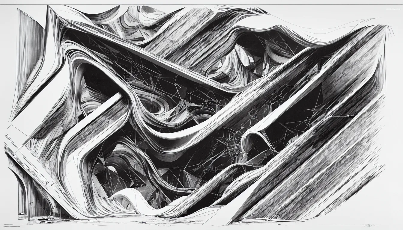 Image similar to slot canyons drawing by zaha hadid, a screenprint by robert rauschenberg, behance contest winner, deconstructivism, da vinci, constructivism, greeble