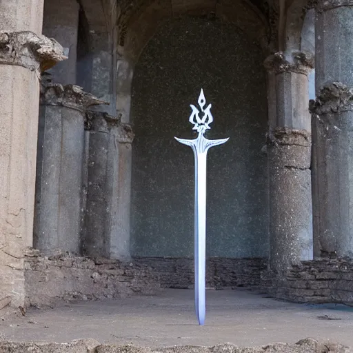 Prompt: a sword surrounded in a magical aura floating on a pedestal in ancient ruin fantasy