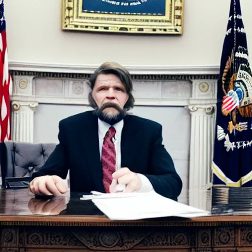 Image similar to a photograph of the unabomber wearing a suit in the oval office