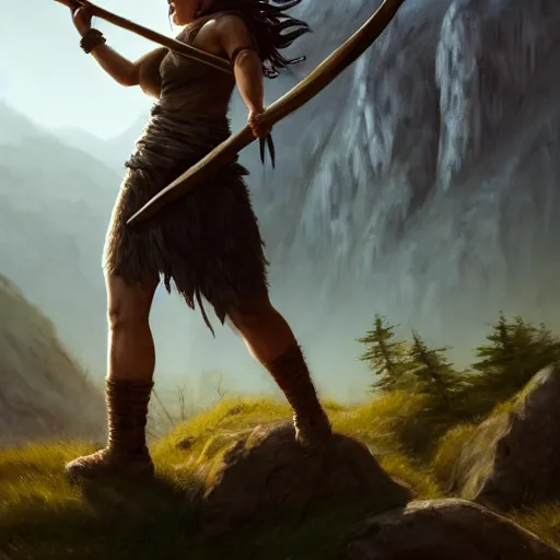 Image similar to a warrior, female, she carries an axe, the axe is resting on her shoulder, she is grabbing a nearby tree, looking onto the horizon, a big wolf is next to her, fall, mountain landscape, portrait by magali villeneuve and ames jean and artgerm and greg rutkowski, 4 k, artstation, realistic, cinematic composition, d & d