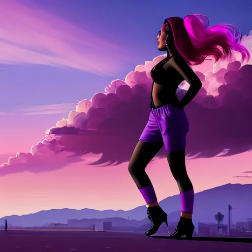 Prompt: a stunning GTA V loading screen with a beautiful woman with ombre hairstyle in purple and pink blowing in the wind, beautiful sky with cumulus couds, golden ratio, digital art, trending on artstation