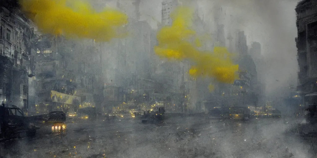 Image similar to kiev city streets covered in yellow and blue smoke, by jeremy mann, by kim keever