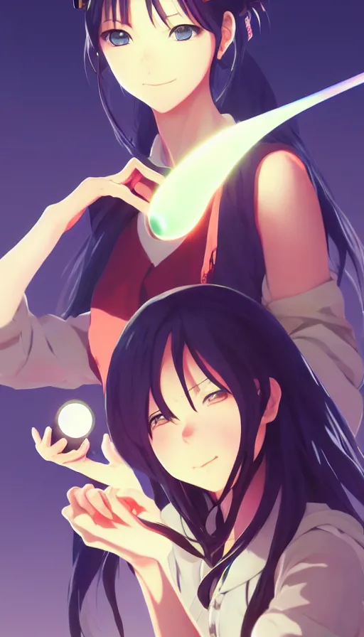 Image similar to beautiful anime girl holding a light source inside her hand, wearing samurai armor, expert high detail concept art, character design, perfect proportions defined faces, vivid colors, photorealistic shaded lighting poster ilya kuvshinov, katsuhiro, makoto shinkai, wlop, loish and clamp style, trending on artstation, best selling artist