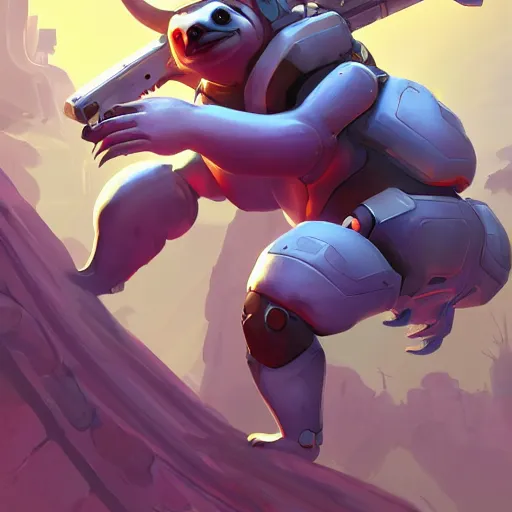 Image similar to lazy sloth as overwatch character, digital illustration portrait design, by android jones and greg rutkowski, retrowave color scheme, detailed, cinematic lighting, wide angle action dynamic portrait