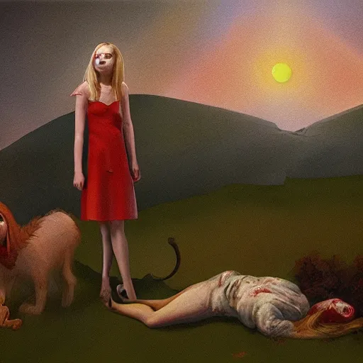 Prompt: Elle Fanning in the painted world of Scooby Doo Zombie Island, head and shoulders masterpiece, apocalypse, golden hour, cosmic horror, artstation, in the style of Andrew Wyeth and Edward Hopper and Bosch, extremely detailed