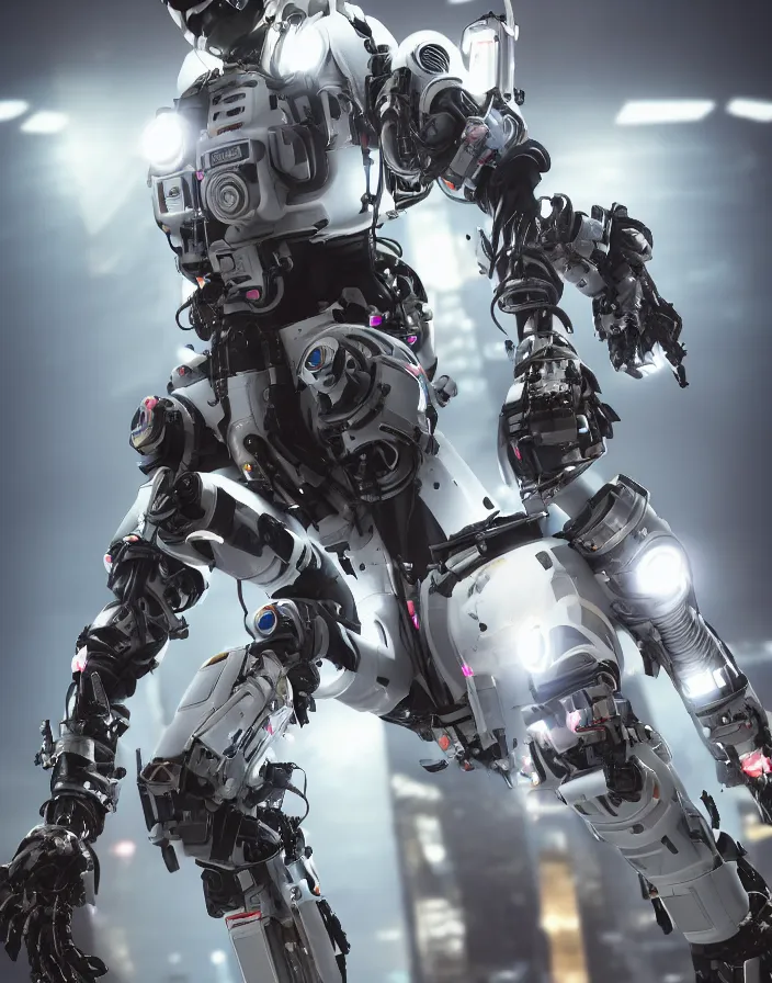 Prompt: full body portrait photo of japanese exosuit with digital led indicators, thin neon lighting, portrait photo, intricate details, ultra realistic, unreal engine 5, depth of field, bokeh, octane render, 8 k hd