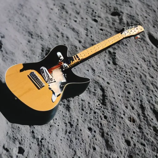 Prompt: photo of an idle electric guitar and an idle beer can next to one another on the moon surface