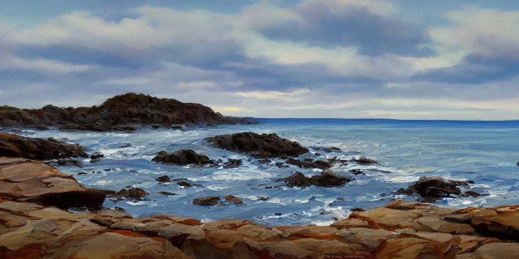 Image similar to rocky seashore, dawn, countryside, peter sculthorpe, painting, artstation